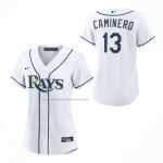 Camiseta Beisbol Mujer Tampa Bay Rays Junior Caminero Primera Replica Blanco Camiseta Beisbol Mujer Tampa Bay Rays Junior Caminero Primera Replica Blanco